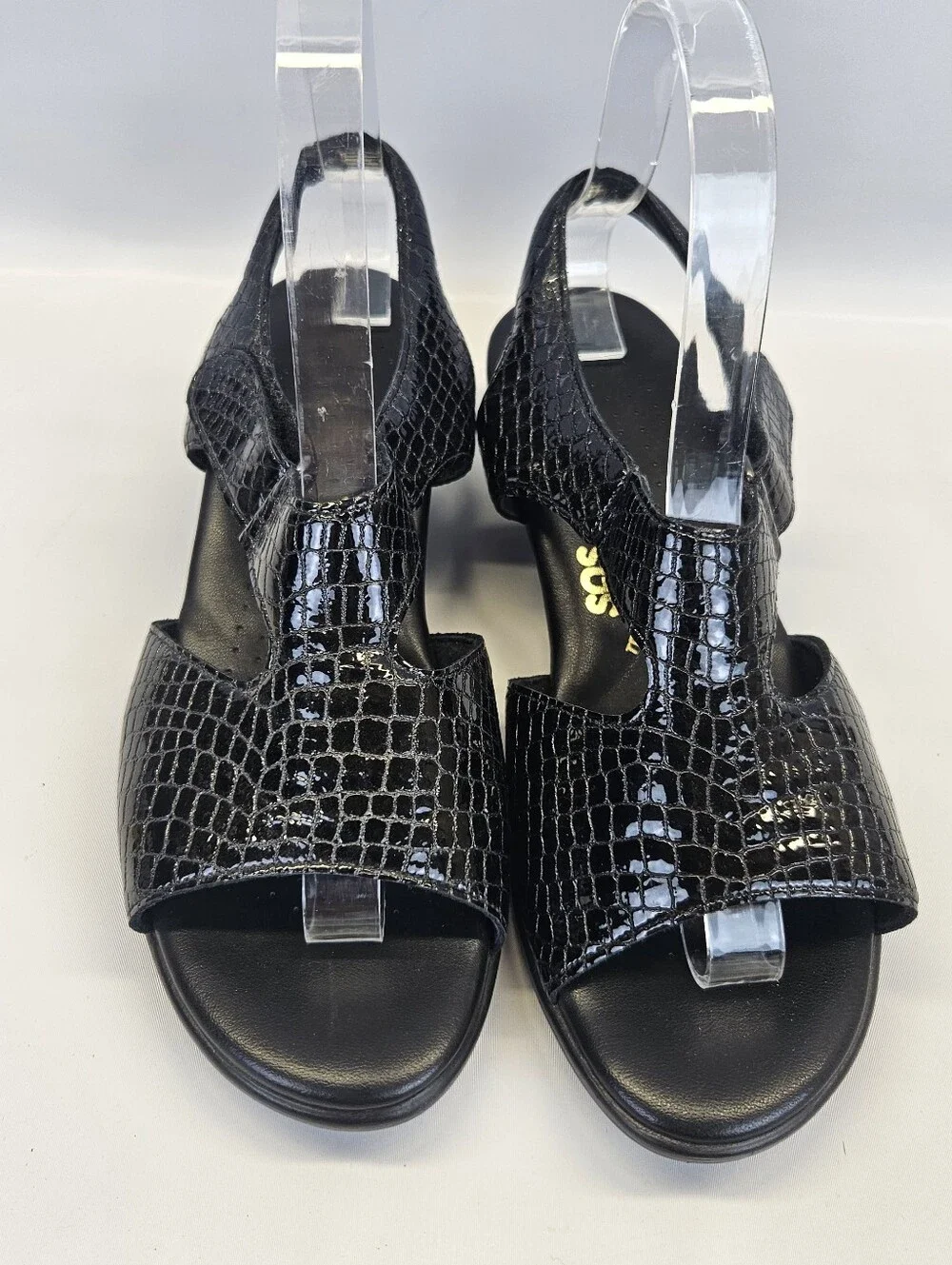 SAS Womens Suntimer Sandals 7.5 WIDE Black Patent Croc Block Heel Strap Shoes